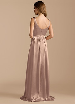 Azazie Keyla Bridesmaid Dresses Taupe A-Line Pleated Metallic Satin Dress image2