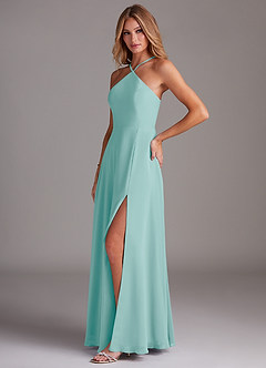 Azazie Bailey Bridesmaid Dresses Aqua A-Line Halter Side Slit Chiffon Dress image3
