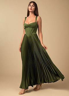 knee length dresses for ladies Polina Olive High-Neck Maxi Dress With Drape And Gold-Detail – Club L  London main image 1