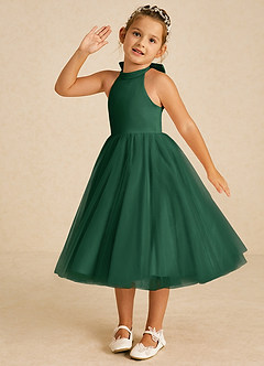 Azazie Dora vestidos de niña de las flores Vestido de Verde Oscuro de Tul de Corte En A con Lazo image2