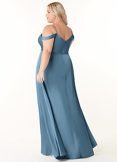 Azazie Ocean Robes de demoiselle d'honneur Robe Trapèze en Satin extensible Col V plissé Acier Bleuté image9