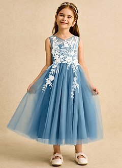 Azazie Sundae Abiti da Ragazza di Fiori Abito Principessa in Pizzo Blu Acciaio image6