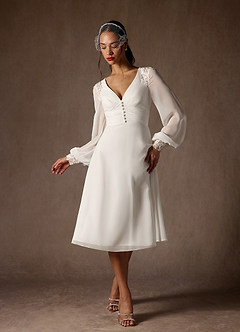 Azazie Amila At-home Try On Dresses Diamond White A-Line V-Neck Lace Chiffon Dress image4