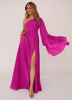 Barbie ♥ Azazie Bridesmaid Dresses Fuchsia A-Line Long Sleeve Chiffon Dress image1