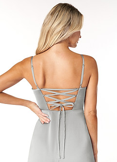 Azazie Marchella Bridesmaid Dresses Silver A-Line Corset Stretch Satin Dress image3