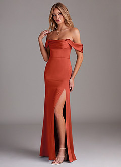 Azazie Saige Bridesmaid Dresses Rust Sheath Off the Shoulder Stretch Satin Dress image5