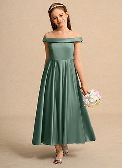 Azazie Teeny Junior Formal vestidos de niña de las flores Vestido de Eucalipto de Satin Mate de Corte En A con Plisado image3