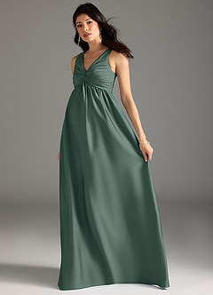 Azazie Yetta 임산부 신부 들러리 드레스 A라인 주름진 스트레치 새틴 플로어 길이 드레스 image6