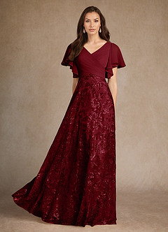 Azazie Fallon Mère de la mariée Robes Robe Trapèze en Dentelle Plissée Bourgogne image1