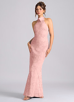 Azazie Velli Bridesmaid Dresses Powder Pink Mermaid High Neck Floral Burnout Dress image1