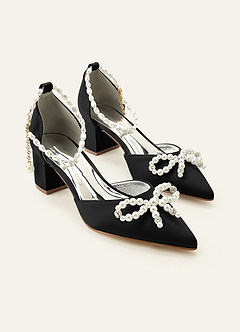 front Escarpins à bout pointu ornés de perles assorties, talons blocs en satin mat et nœud décoratif, pour mariage
