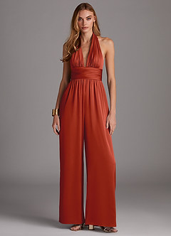 Azazie Oli Jurken voor bruidsmeisjes Jumpsuit van Stretch Satijn Geplooid Roest image3