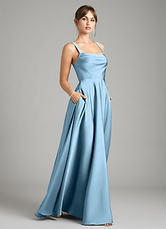 Azazie Shaude Bridesmaid Dresses Steel Blue A-Line Pleated Stretch Satin Dress image12