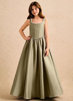 Azazie Enid Girls Formal Blomsterpigekjoler A-Line Perlebesat Stræk satin Gulv-længde Kjole image4