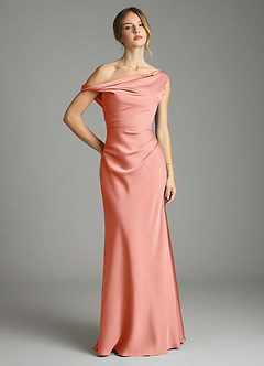 Azazie Emerson Bridesmaid Dresses Coral Mermaid Off the Shoulder Stretch Satin Dress image1