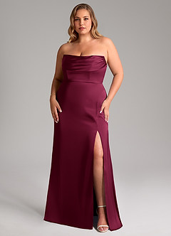Azazie Saige Bridesmaid Dresses Burgundy Sheath Off the Shoulder Stretch Satin Dress image11