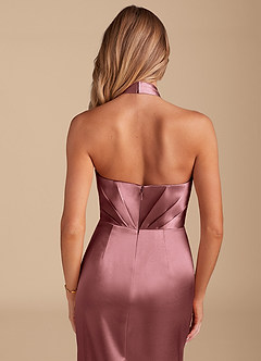 Azazie Zaya Bridesmaid Dresses Vintage Mauve Sheath Pleated Metallic Satin Dress image2