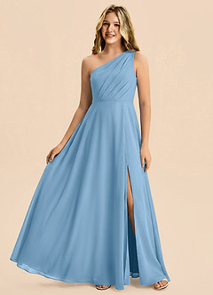 Azazie Phaedra Junior Steel Blue A-Line Pleated Chiffon Dress image1
