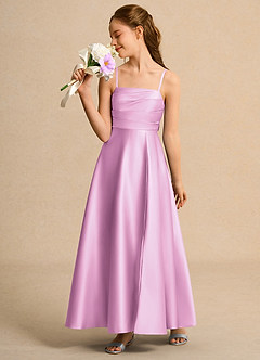 Azazie Pebbles Girls Formal Robe Demoiselle D'honneur Fillette Robe Trapèze en Mat Satiné Plissée Rose Bonbon image4
