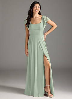 Azazie Bondi Bridesmaid Dresses Dusty Sage A-Line Ruched Mesh Dress image2