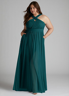 Azazie Hillian Bridesmaid Dresses Peacock A-Line Halter Pleated Mesh Dress image8