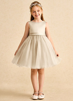 Azazie Jani Flower Girl Dresses Champagne A-Line Bow Tulle Dress image4