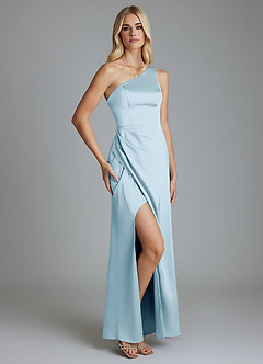 Azazie Adhara Venta Final Vestido de Azul Cielo de Satén Elástico de Corte Recto con Hombro unilateral image9