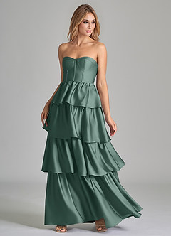 Azazie Faye Bridesmaid Dresses Eucalyptus A-Line Ruched Stretch Satin Dress image6