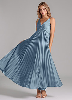 Azazie Raychelle Bridesmaid Dresses Dusty Blue A-Line Pleated Stretch Satin Dress image2