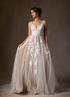 Azazie Sorella Hochzeitskleider A-Linie V-Hals Pailletten Tüll Kleid Diamantweiß Nude image6