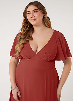 Azazie Kimber Bridesmaid Dresses Terracotta A-Line Flounce Sleeve Chiffon Dress image13