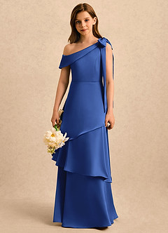 Azazie Shyloh Girls Formal Flower Girl Dresses Royal Blue A-Line Off the Shoulder Stretch Satin Dress image4