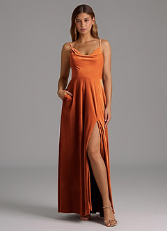 Azazie Sarella Bridesmaid Dresses Burnt Orange A-Line Pleated Velvet Dress image5