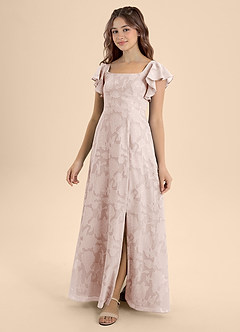 Azazie Bondi Junior Vestido de Rosa Rubor de Devorado Floral de Corte En A con Lazo image1