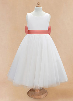 Azazie Kavi Flower Girl Dresses Ivory Salmon Pink A-Line Bow Matte Satin Dress image7