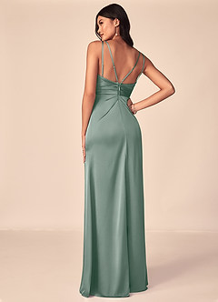 Azazie Aqua Robes de demoiselle d'honneur Robe Trapèze en Satin extensible Col V plissé Sauge D'argent image2