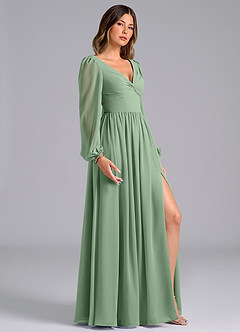 Azazie Zeya Bridesmaid Dresses Matcha A-Line Long Sleeve Chiffon Dress image3