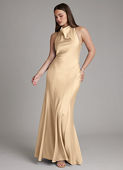 Azazie Sahara Bridesmaid Dresses Champagne A-Line Pleated Stretch Satin Dress image6