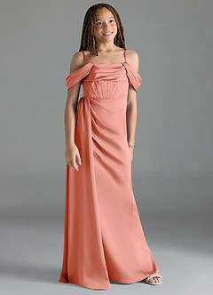Azazie Amyra Junior Coral Sheath Off the Shoulder Stretch Satin Dress image3