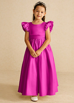 Azazie Piglette Flower Girl Dresses Fuchsia A-Line Bow Matte Satin Dress image4