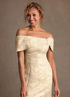 Azazie Zion Mother of the Bride Dresses Champagne Sheath Off the Shoulder Floral Jacquard Dress image7