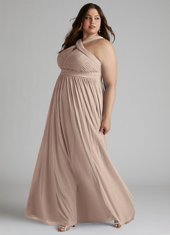 Azazie Hillian Bridesmaid Dresses Taupe A-Line Halter Pleated Mesh Dress image10