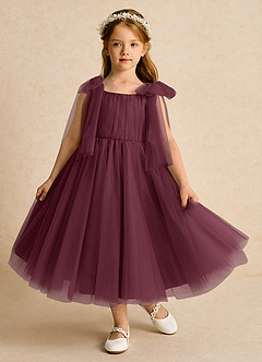 Azazie Dori Robe Demoiselle D'honneur Fillette Robe Trapèze en Tulle Rayé Cabernet image2