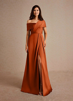 Azazie Milton Vestidos para mãe da noiva Vestido Laranja Queimada de Cetim elástico de Linha A com Plissado image7