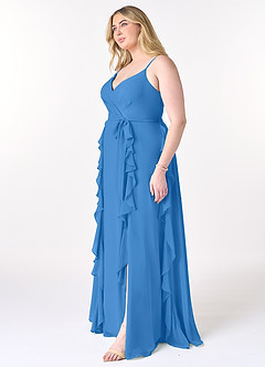 Azazie Peyton Vestidos de damas de honor Vestido de Azul Grisaceo de Gasa de Corte en A con Volante image9