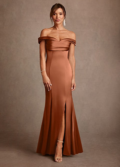 Azazie Boone Mother of the Bride Dresses Copper Mermaid Off the Shoulder Stretch Satin Dress image2