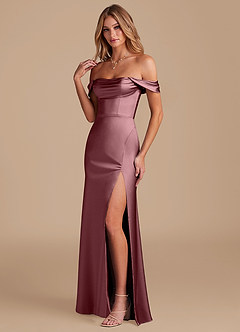 Azazie Saige Bridesmaid Dresses Vintage Mauve A-Line Off the Shoulder Metallic Satin Convertible Dress image6