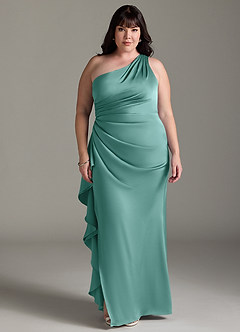 Azazie Latrice Robes de demoiselle d'honneur Robe Fourreau en Satin extensible Volants en cascade à une épaule Aqua image6