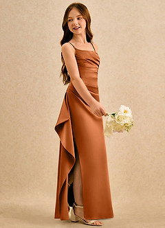 Azazie Cannoli Girls Formal Flower Girl Dresses Copper A-Line Pleated Matte Satin Dress image4