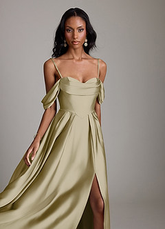 Azazie Loisa Abiti da Damigella Abito A-Line in Raso Elasticizzato a Spalla Scoperta Verde Muschio image3